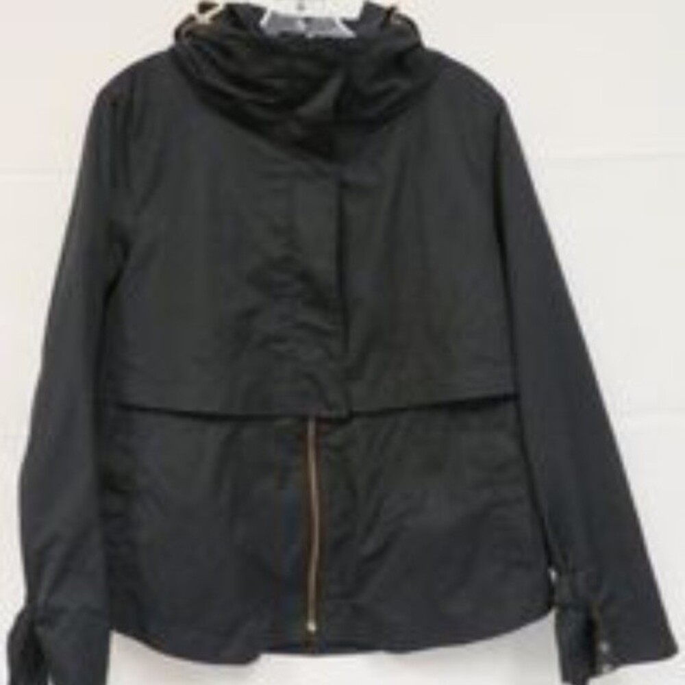 Zara Basic Short Trench Stowaway Hood Black Gold Zipper